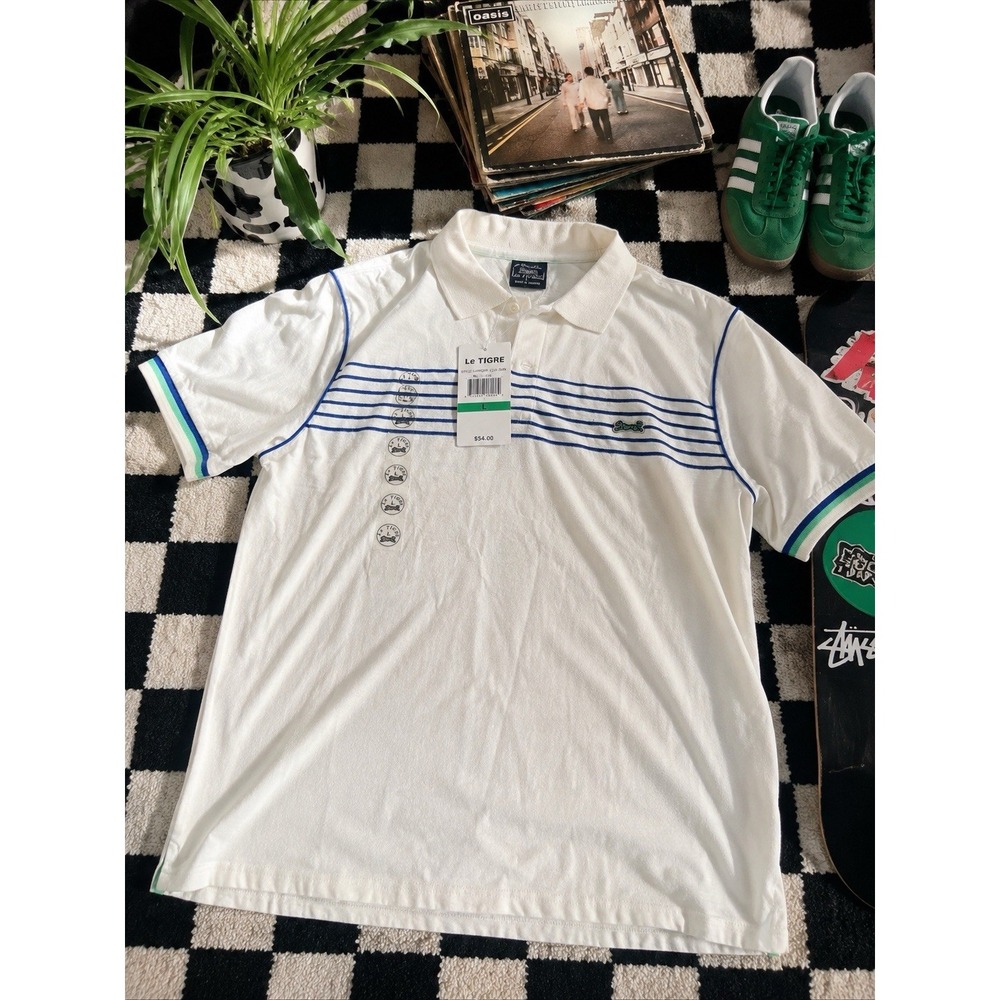 Le Tigre Polo Shirt Mens Large White Blue Striped Embroidered Tiger NWT Y2K